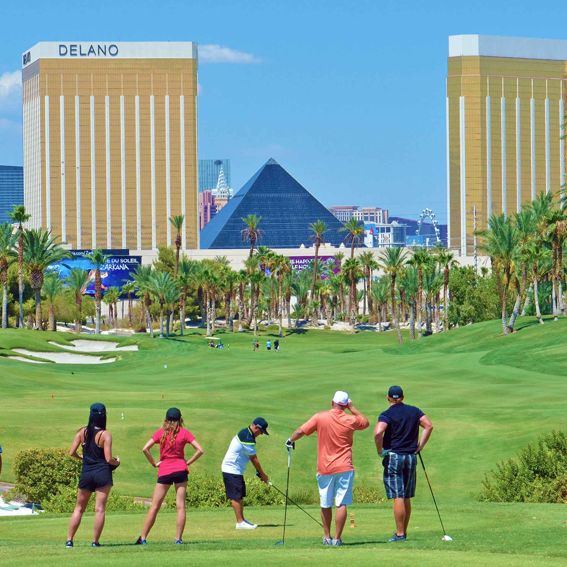 Bali Hai Golf Club fairway with Las Vegas Strip skyline